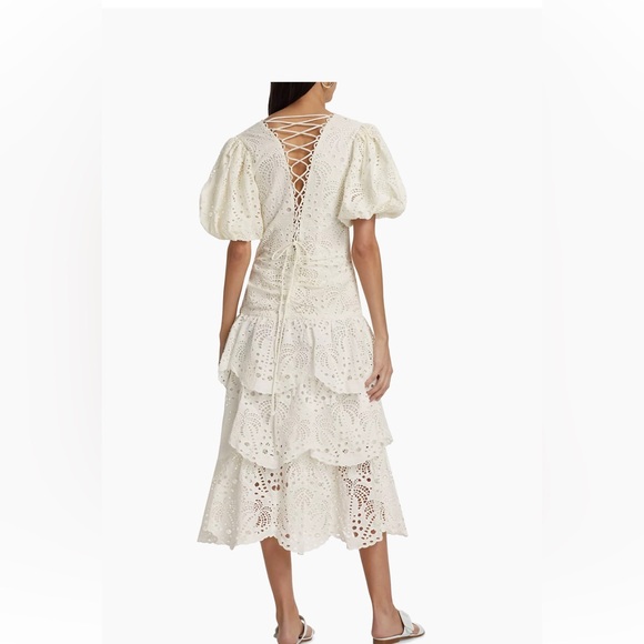 🆕 Farm Rio White Cotton Eyelet Puff Sleeve Midi Dress XXS - Picture 5 of 9